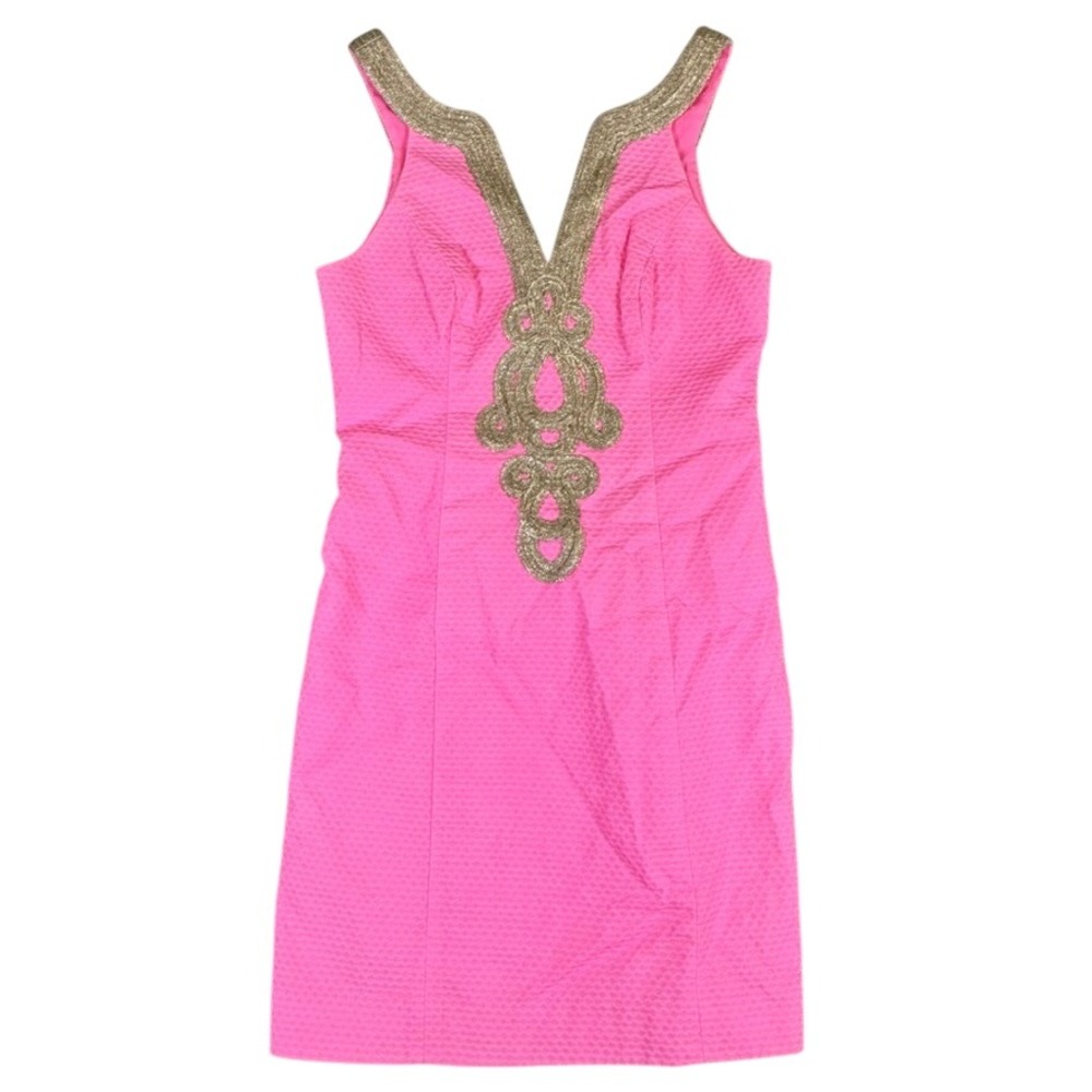 Lilly Pulitzer Pink Pique Sleeveless Shift Dress Gold Soutache V-Neck Mini Sz 0